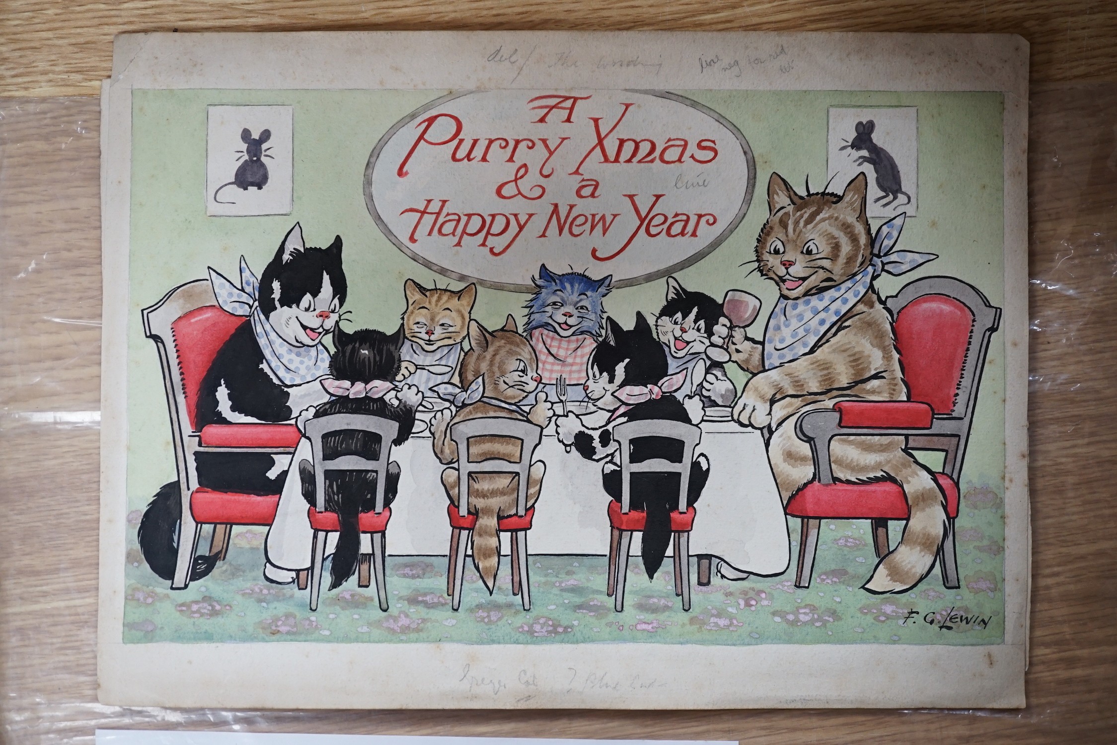 Frederick George Lewin (1861-1933), two original ink and watercolour postcard artworks, 'A Purry Xmas' and 'A Happy New Year', signed, 18 x 28.5cm, unframed